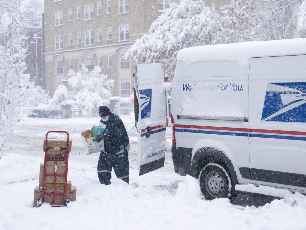 A postal worker carries packages through the snow on Jan. 3 in Washington, D.C.