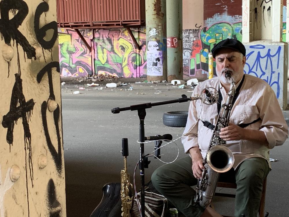 Tony Malaby, photographed in the fall of 2021, underneath the New Jersey Turnpike.