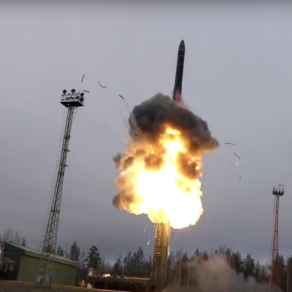 An Avangard ballistic missile lifts off from a truck-mounted launcher somewhere in Russia, in an undated photo from footage distributed by Russian Defense Ministry Press Service.