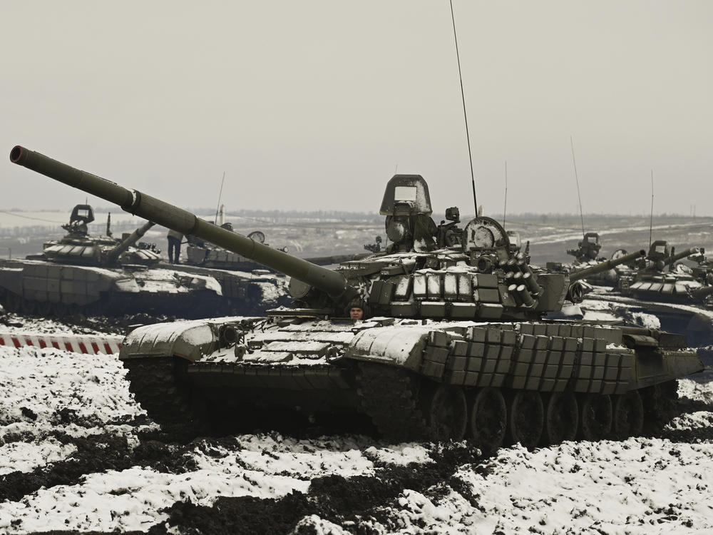 Russian tanks take part in training drills in southern Russia this week as Russia rejects Western complaints about its troop buildup near Ukraine.