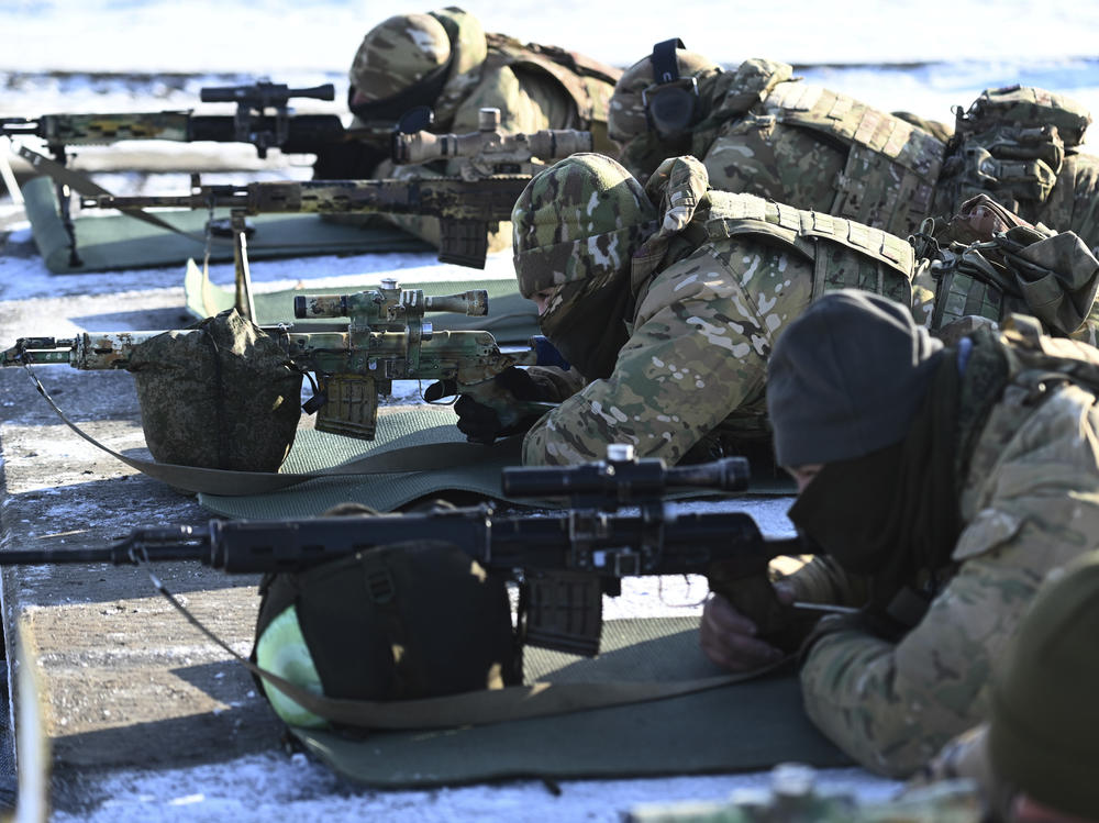 Russian soldiers take part in drills at the Kadamovskiy firing range near the Russia-Ukraine border.
