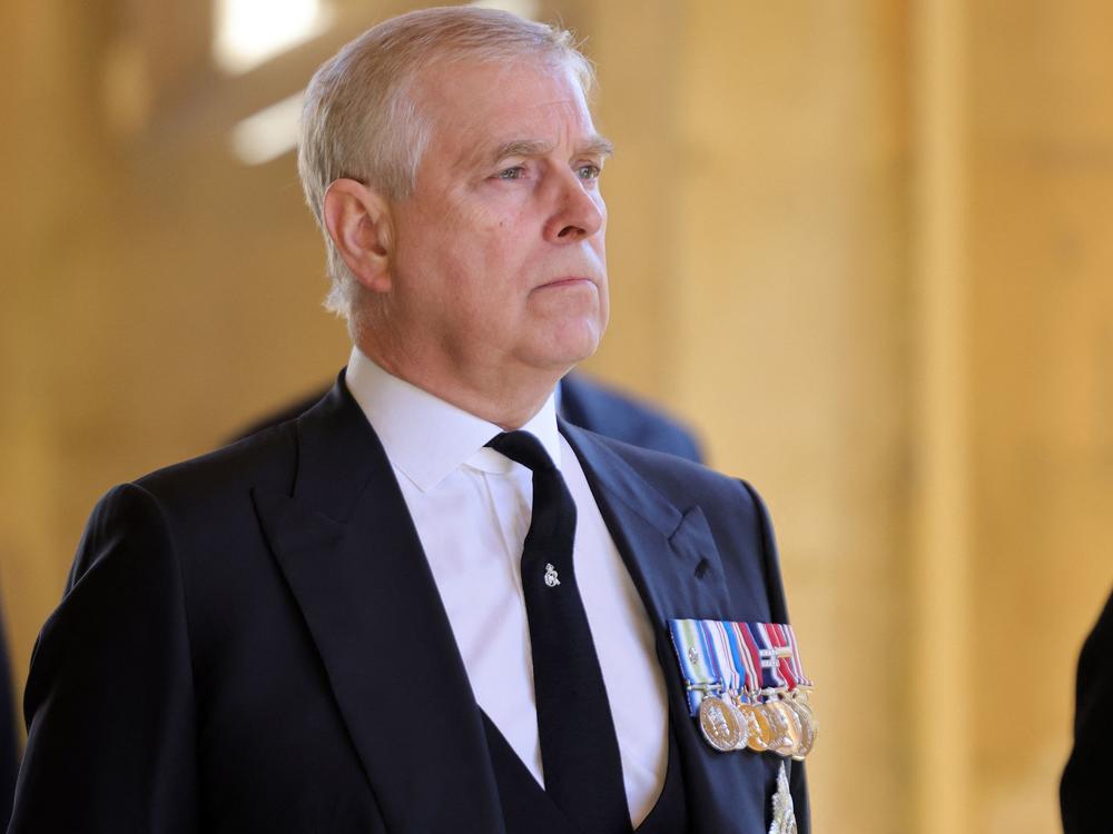 Britain's Prince Andrew, Duke of York, attends the ceremonial funeral procession of Britain's Prince Philip, Duke of Edinburgh, to St. George's Chapel in Windsor Castle in April 2021.