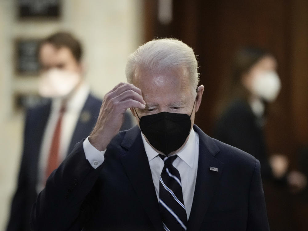 President Biden leaves a meeting with Senate Democrats on Capitol Hill on Thursday.