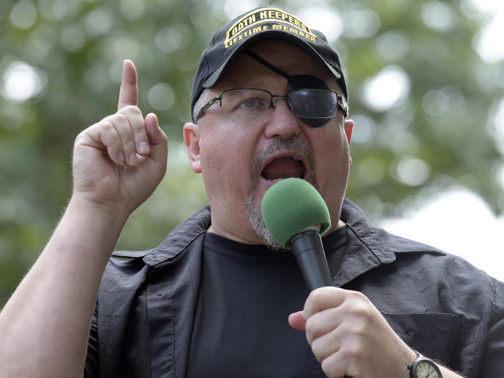 Stewart Rhodes, founder of the Oath Keepers, speaks during a 2017 rally outside the White House.