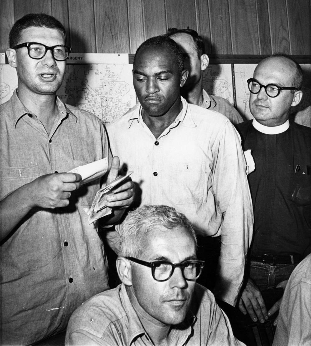 From left, Rabbi Dresner, the Rev. Petty D. McKinney of Nyack, N.Y., the Rev. A. McArven Warner (partly visible) from New York City, and the Rev. Robert J. Stone from New York City. Seated is Robert McAfee Brown of Stanford University. The men served brief jail sentences in Tallahassee in August 1964 stemming from a 1961 arrest for a sit-in demonstration.