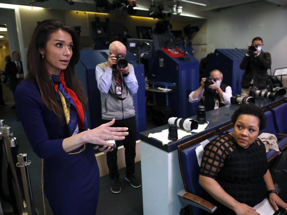 One America News White House Correspondent Chanel Rion asks a question of President Donald Trump during a briefing about the coronavirus in April 2020. DirecTV isn't renewing the network's contract.