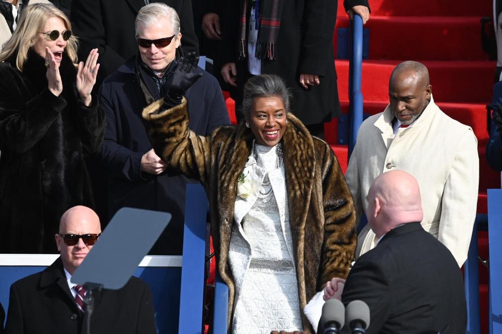 Republican Winsome Sears waves to supporters just before taking the oath of office for lieutenant governor in Richmond on Saturday.
