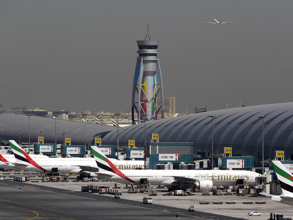Emirates passenger planes are parked at their gates at Dubai International Airport in the United Arab Emirates.