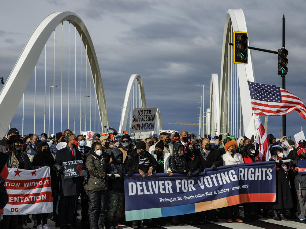 From center left to right: Yolanda Renee King, Arndrea Waters King and Martin Luther King III, lead the annual D.C. Peace Walk: Change Happens with Good Hope and a Dream across the Frederick Douglass Memorial Bridge for Dr. Martin Luther King Day in Washington, D.C.