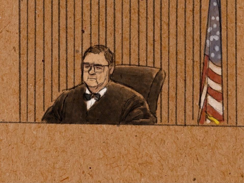 In this courtroom sketch, U.S. District Judge Paul Magnuson presides over a Jan. 11 pretrial hearing for three former Minneapolis officers charged in the death of George Floyd.