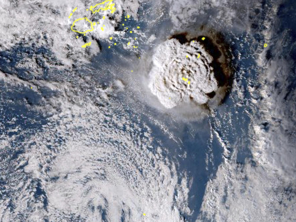 A satellite image taken by a Japanese weather satellite shows an undersea volcano eruption at the Pacific nation of Tonga on Saturday.