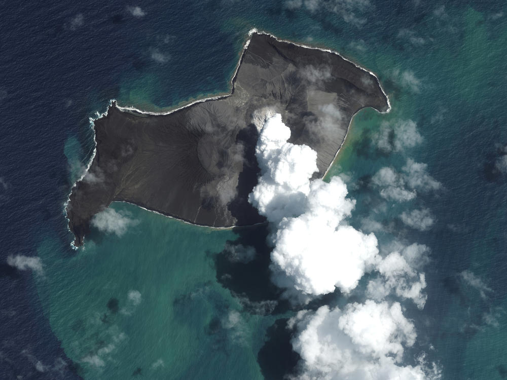 This satellite image provided by Maxar Technologies shows an overview of Hunga Tonga Hunga Ha'apai volcano in Tonga on Jan. 6, 2022, before a huge undersea volcanic eruption.
