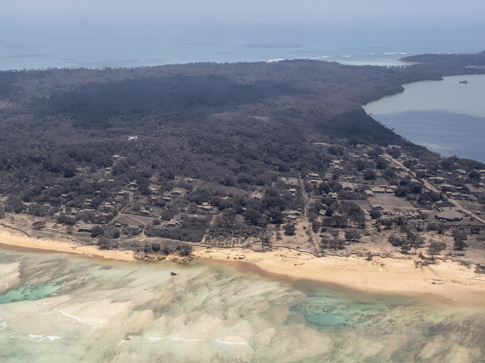 An aerial view of heavy ash fall on January 17, 2022 on the island of Nomuka, Tonga. The extent of the damage to the island nation remains largely unknown.