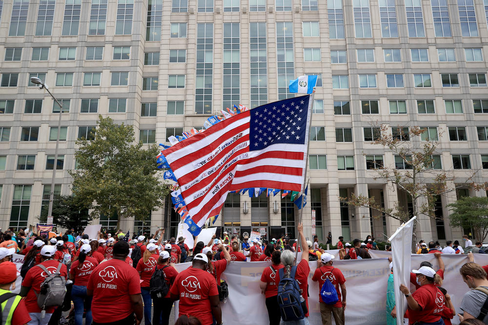 Thousands of demonstrators rally in the street outside Immigration and Customs Enforcement headquarters in Washington, D.C., on Sept. 21, 2021, while demanding a pathway to citizenship for the more than 11 million undocumented immigrants living in the United States.