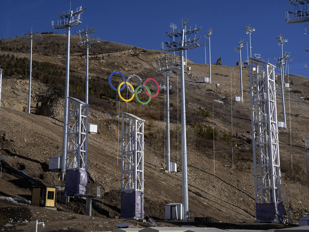 The Olympic logo is seen on a hillside at Zhangjiakou Genting Snow Park in Zhangjiakou in northern China's Hebei Province on Nov. 27, 2021. The venue will host the freestyle skiing and snowboard competitions at the 2022 Beijing Winter Olympics.