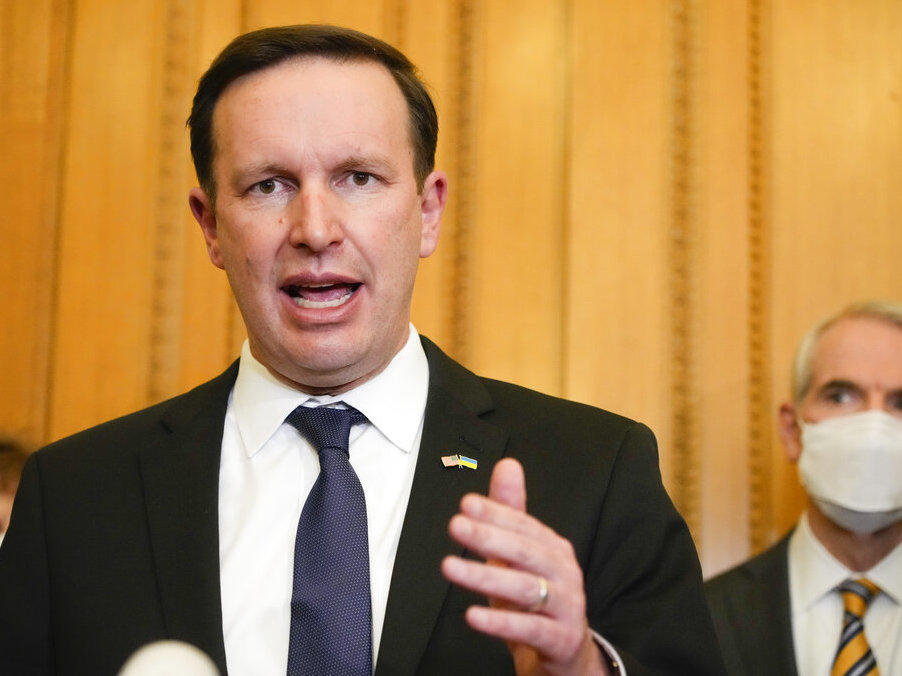 U.S. Senators Chris Murphy D-Conn. gives a briefing at Ukrainian Presidential office after their meeting with Ukrainian President Volodymyr Zelenskyy in Kyiv, Ukraine, Monday, Jan. 17, 2022.