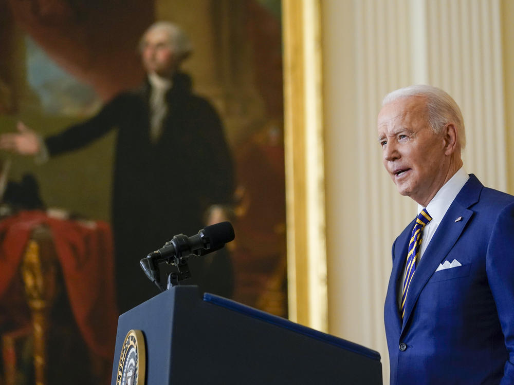 President Biden speaks during a rare formal news conference on the last day of his first year in the White House.