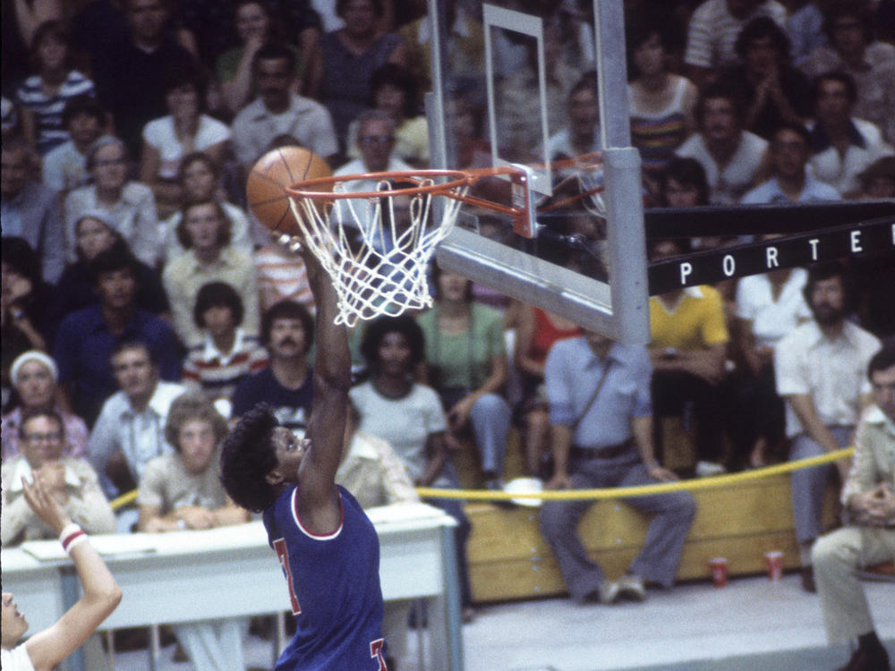 U.S. center Lusia Harris finishes a basket in a game against Bulgaria during the 1976 Summer Olympics in Montreal.