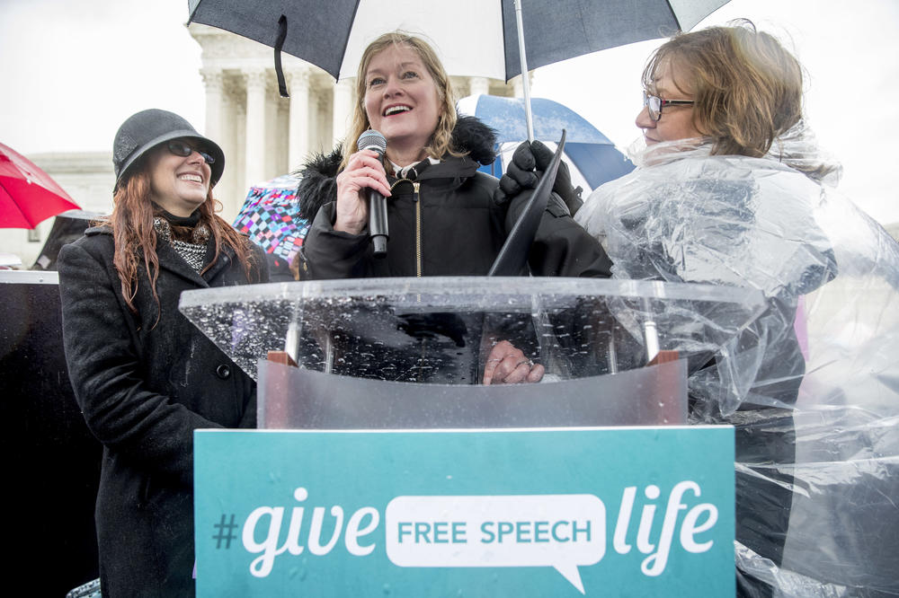 March for Life President Jeanne Mancini, center, speaks at a anti-abortion rally outside the Supreme Court in Washington, D.C., Tuesday, March 20, 2018.