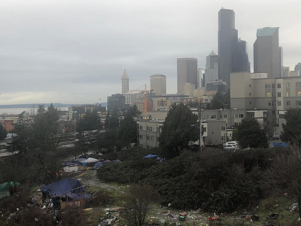 A homeless camp on the edge of downtown Seattle.