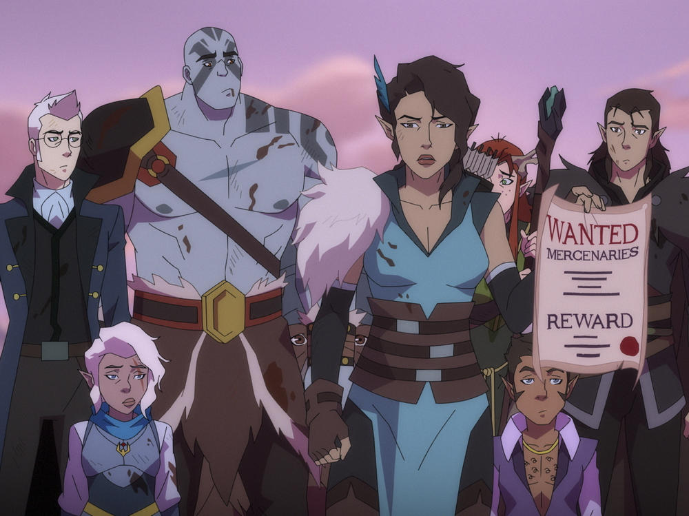 Percy (Taliesin Jaffe), Pike (Ashley Johnson), Grog (Travis Willingham), Vex (Laura Bailey), Keyleth (Marisha Ray) Scanlan (Sam Riegel) and Vax (Liam O'Brien) have +2 swords, will travel.