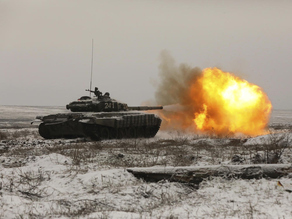 A Russian tank T-72B3 fires as troops take part in drills at the Kadamovskiy firing range in the Rostov region in southern Russia earlier this month.