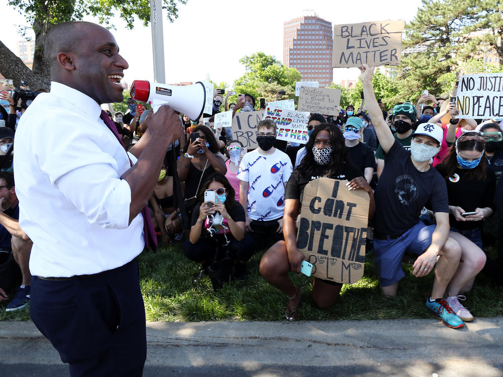 Kansas City Mayor Quinton Lucas addresses demonstrators during a protest at the Country Club Plaza on May 31, 2020, in Kansas City, Mo.