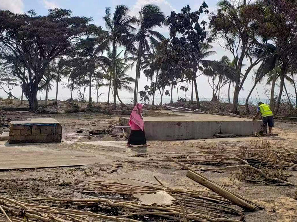In this photo taken on Jan. 20, a beach resort in Tonga, on the outskirts of the capital of Nuku'alofa, shows the impact of the tsunami that hit the island nation in the wake of an underwater volcanic eruption. Aid efforts have been complicated by the pandemic — with only one case of COVID on record, Tonga is wary of outsiders who might bring the virus.