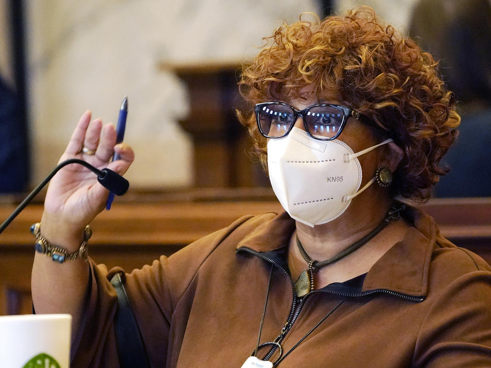 Sen. Barbara Blackmon, D-Canton, speaks at the well in the Mississippi Senate Chamber in Jackson on Thursday. Blackmon was among the Black lawmakers who walked out of the Senate Chamber in protest on Friday.