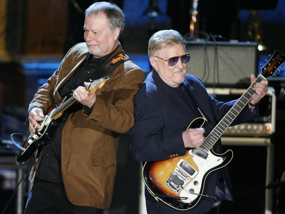 Bob Spalding, left, and Don Wilson of The Ventures perform at the Rock and Roll Hall of Fame Induction Ceremony in New York, March 10, 2008. Wilson, a co-founder of the band, died Saturday at the age of 88.