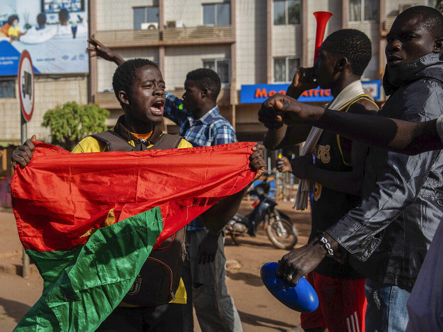 Protestors take to the streets of Burkina Faso's capital Ouagadougou Saturday Jan. 22, 2022, 27, 2021.
