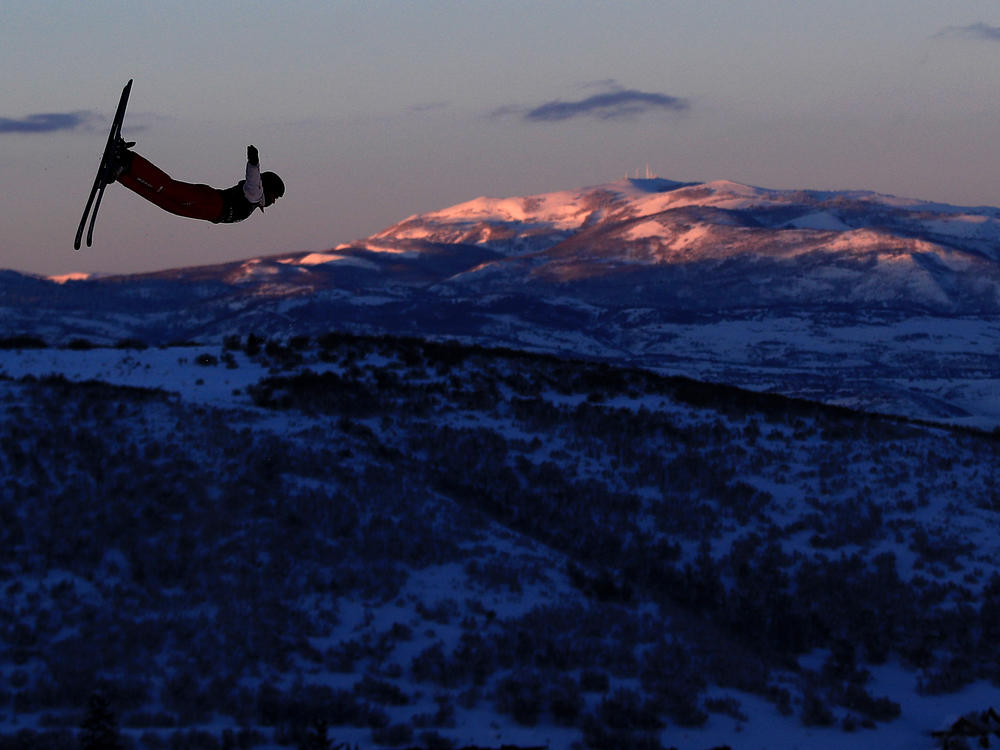 Carol Bouvard of Switzerland during training for the Mixed Team Aerials at the FIS Freestyle Ski and World Championships on in 2019. Mixed team aerials is a new event at the Beijing Winter Olympics this year.