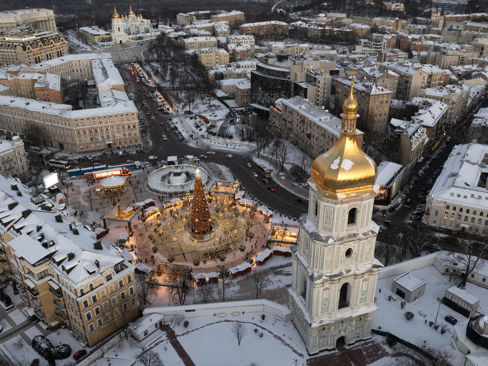 Snow covers Kyiv's city center in December.