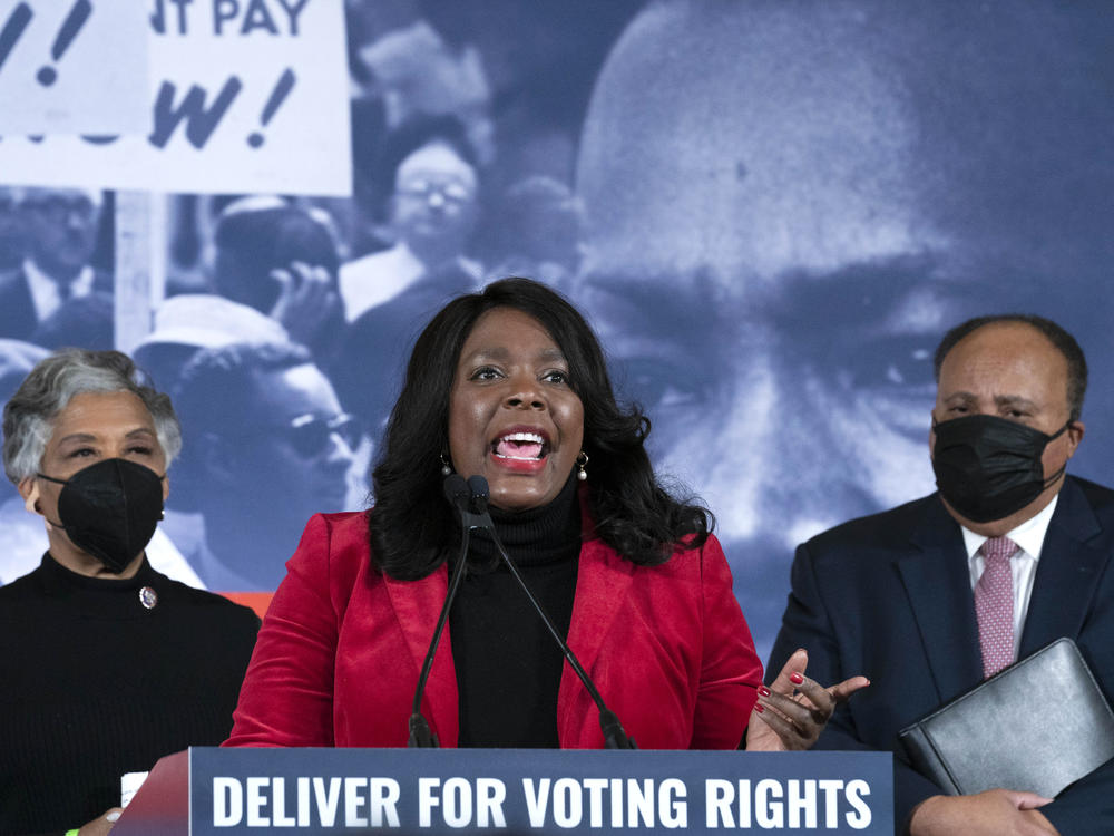 Rep. Terri Sewell, a Democrat from Alabama, represents the state's only Black-majority district in Congress. She's pictured here alongside Rep. Joyce Beatty, a Democrat from Ohio, and Martin Luther King III, in Washington, D.C. on Jan. 17, 2022.