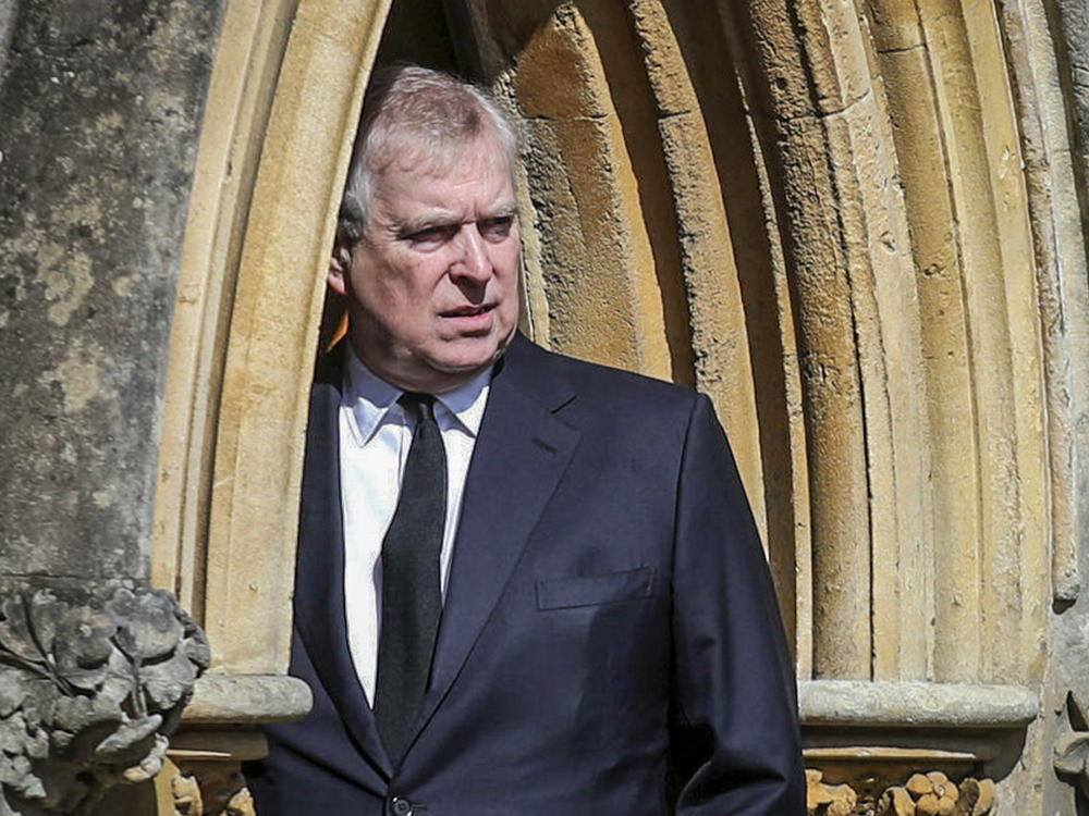 Britain's Prince Andrew appears at the Royal Chapel at Windsor following the death announcement of his father Prince Philip in April 2021.