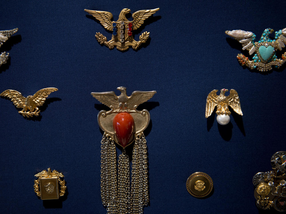 Pins and broaches worn by former Secretary Albright are seen at the Mint Museum on Sept. 3, 2012, in Charlotte, N.C.