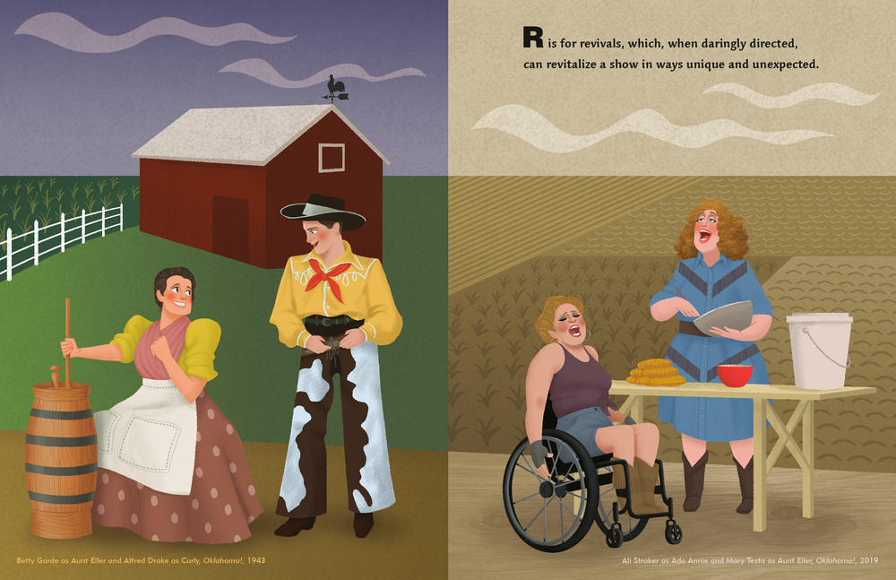 Emmerich wanted to depict Broadway actors in an accurate, loving way, including these illustrations of the actors in different productions of <em>Oklahoma. </em>On one side, there's the 1943 production with Betty Garde as Aunt Eller and Alfred Drake as Curly. On the right, there's Ali Stroker as Ado Annie and Mary Tester as Aunt Eller in the 2019 revival.