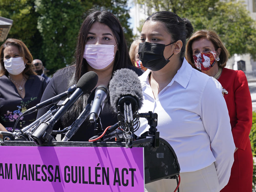 Mayra Guillén, second from left, and Lupe Guillén, second from right, have been vocal advocates for changes to military justice, after their sister Vanessa was murdered at 20 years old. The Guillén family says Vanessa endured sexual harassment — which is now a crime in the military.