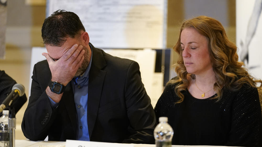 William Myre, his wife Sheri, the parents of Tate Myre, appear during a news conference in Southfield, Mich., on Thursday.