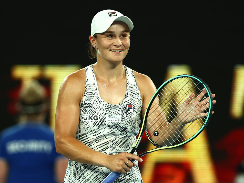 Ash Barty of Australia celebrates winning her Women's Singles Semifinals match against Madison Keys of United States during day 11 of the 2022 Australian Open at Melbourne Park on Thursday in Melbourne.