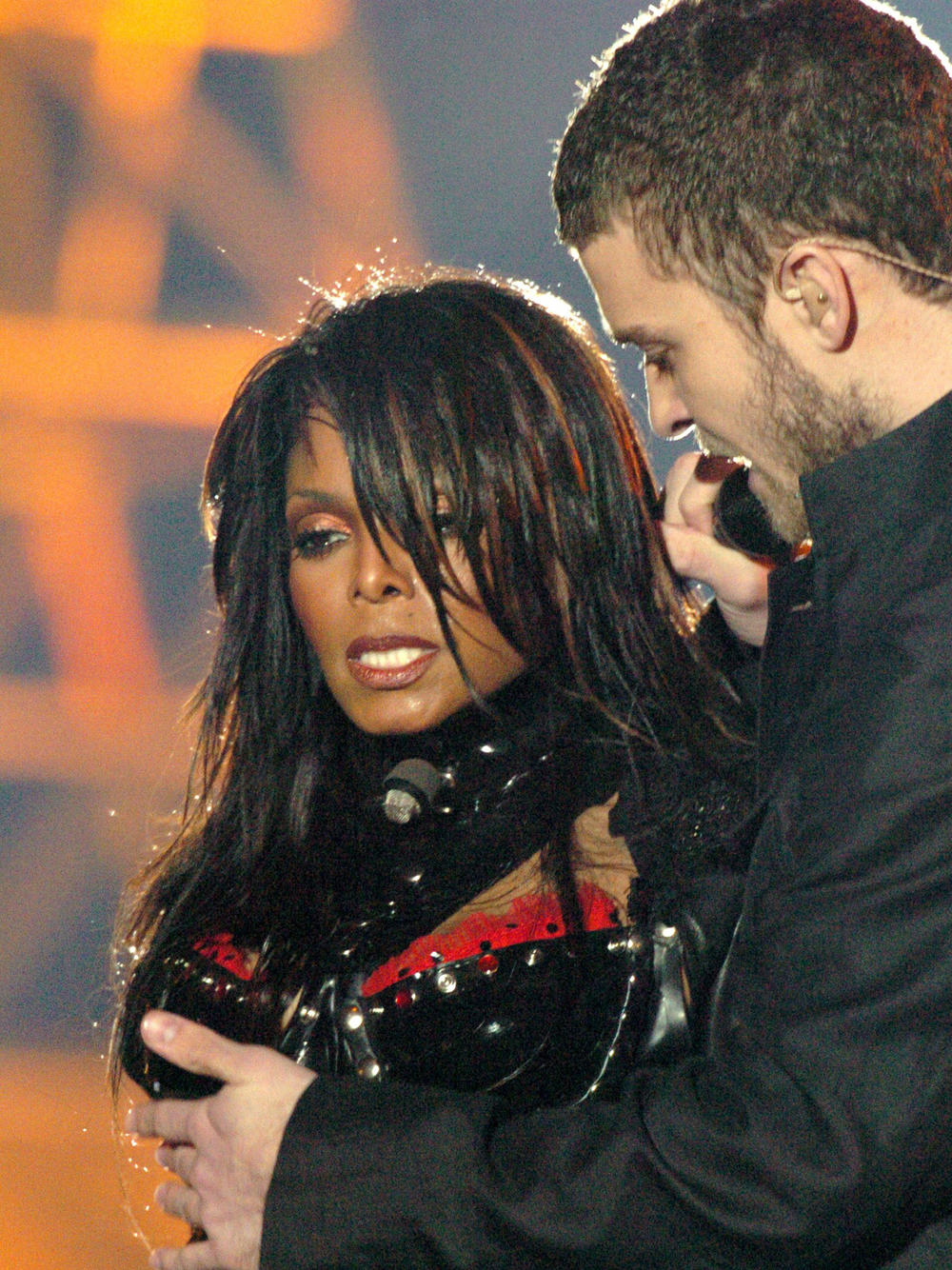 Justin Timberlake helps Janet Jackson cover her chest after it was exposed during her halftime performance at Super Bowl XXXVIII in 2004
