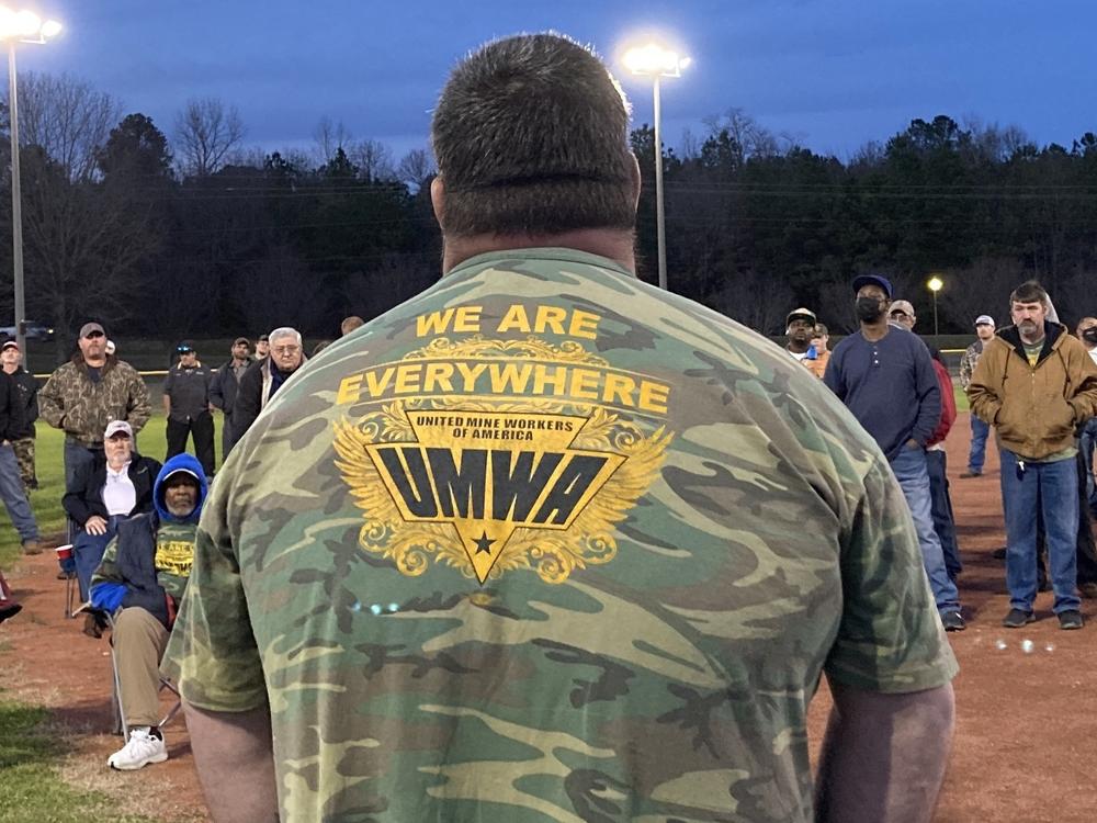 Alabama coal miners rally at a local ballpark in Brookwood. They've been on strike against Warrior Met Coal since April 1.