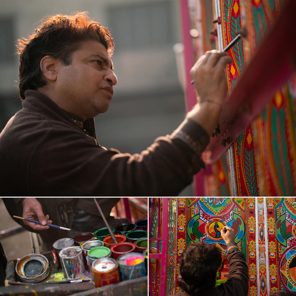 Top: Irfan Muhammad, 40, has been painting trucks for 20 years. Bottom left: Muhammad's numerous paints. Right: Muhammad's favorite subject to paint is peacocks.