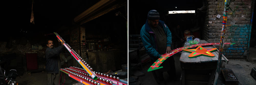 People put finishing touches on some artistic elements that will be added to truck decor, including bells for the back (left) and reflective plastic that will help the trucks stand out at night (right).