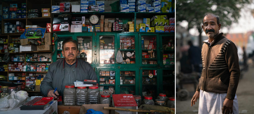 Javed Iqbal (left) owns Hassan Autos, where he sells horns and other parts for the trucks. Barkat Ali (right) introduces himself as 