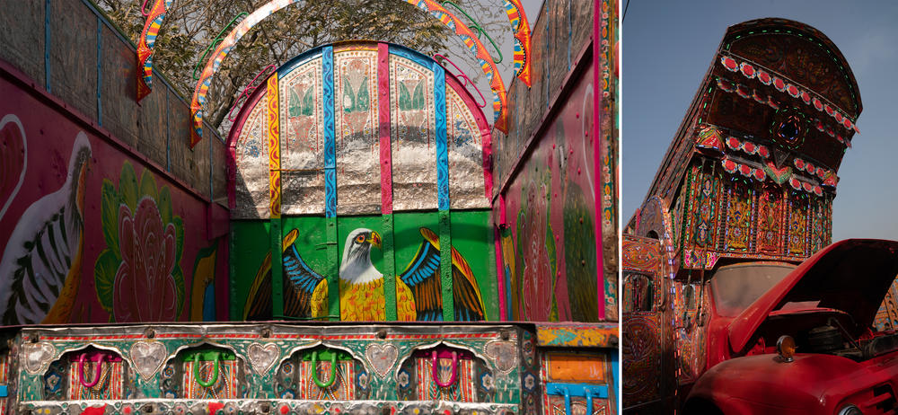 Left: An eagle is painted inside a truck bed on the back of a truck. Right: The towering truck front is covered with tiny lights, which create dazzling effects in the night.