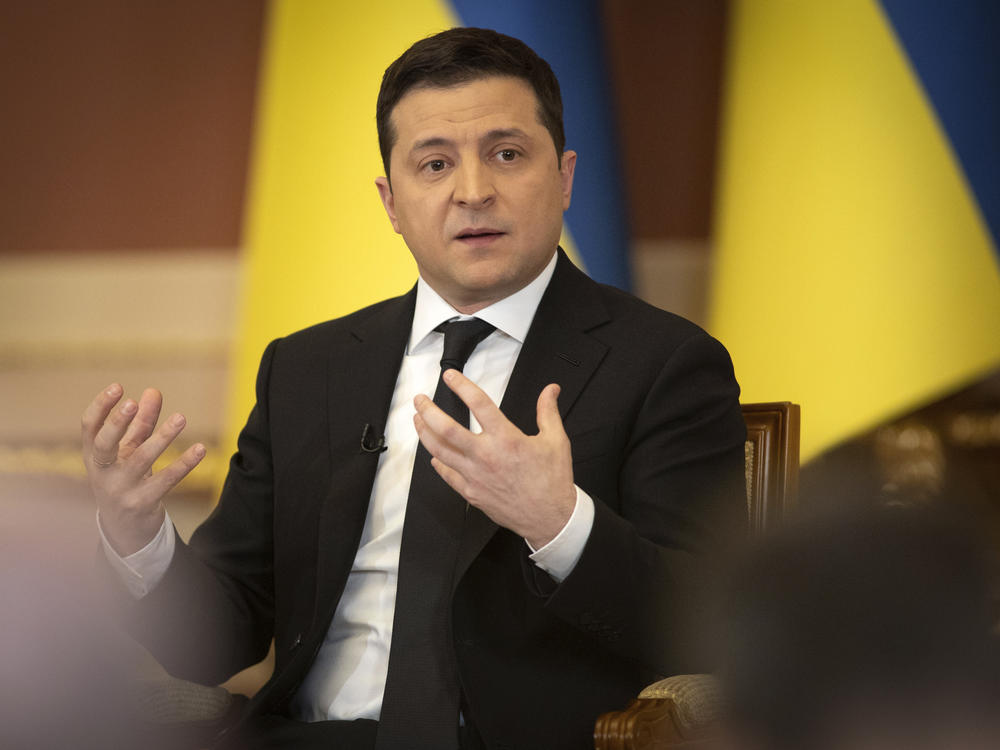 Ukrainian President Volodymyr Zelenskyy speaks to reporters on Friday in Kyiv, the capital of Ukraine.