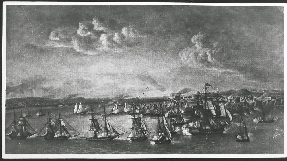 Tripoli in Libya bombarded by the U.S. fleet during the First Barbary War, 1804. The fleet was there in an attempt to suppress piracy in the North African Barbary states, one of then-President Thomas Jefferson's main foreign policy challenges.