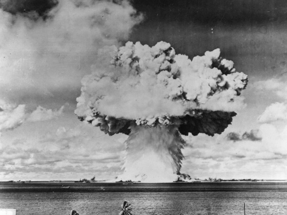 A U.S. atomic bomb test explosion off Bikini Atoll, Micronesia.