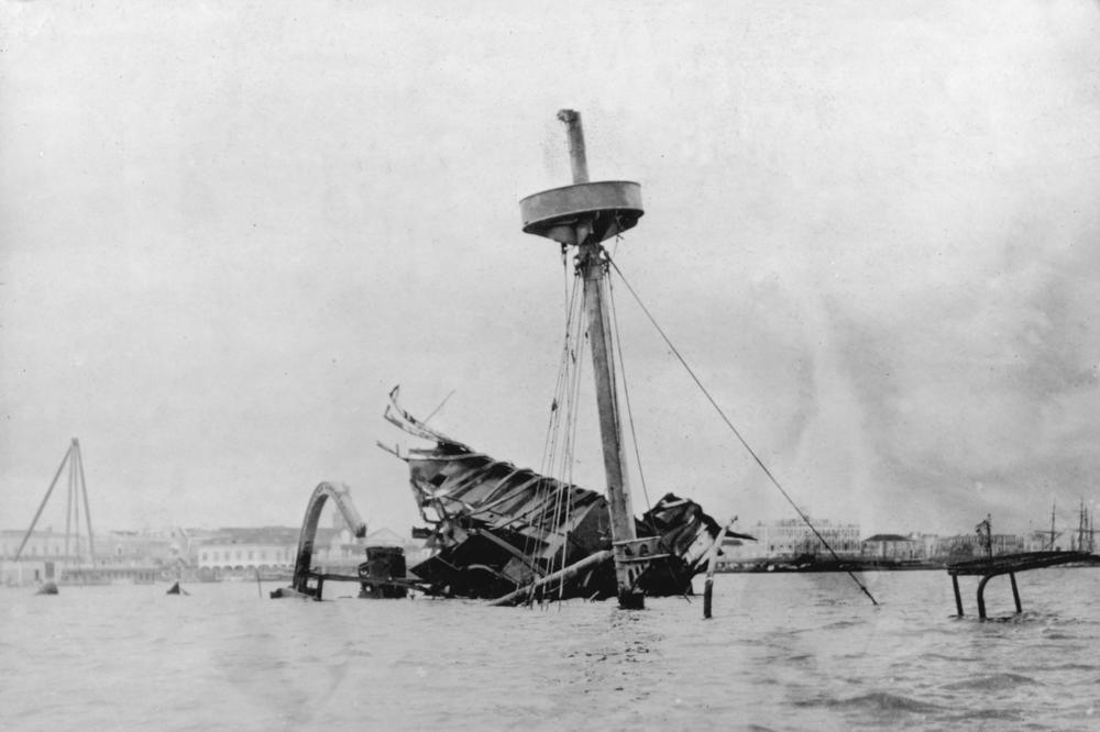 The remains of the battleship U.S.S. Maine, which was blown up in Havana harbor, triggering the Spanish-American War.